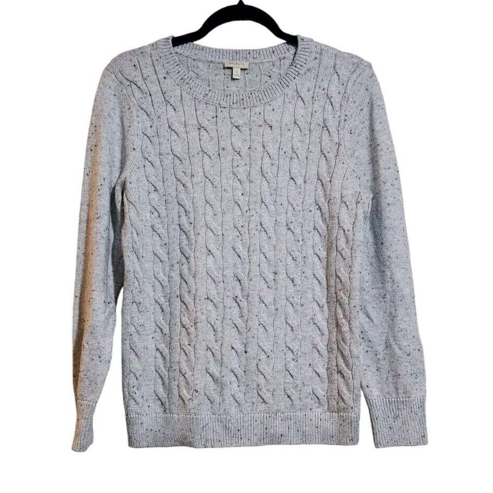 Talbots Sweater Womens M Gray Cable Knit Round Neck Long Sleeve Fisherman Preppy